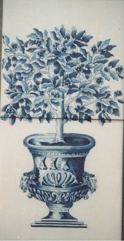 Ceramic Tile Installed In A Kitchen Done In A Toile Painting Style.