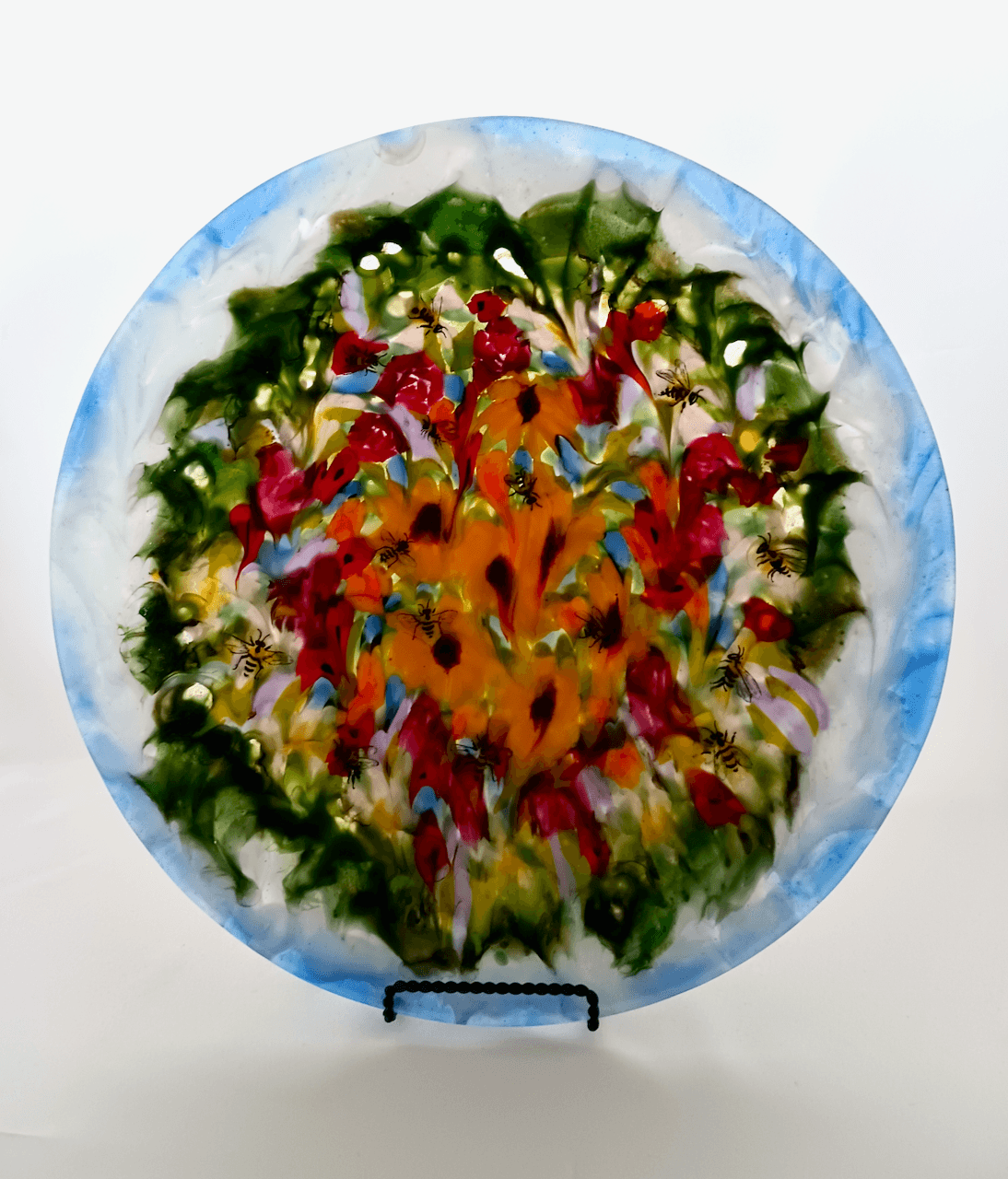 Abstract Naturalistic Fused Glass Platter Featuring Handmade Glass and Hand Painted Details - Bee Love  6 
