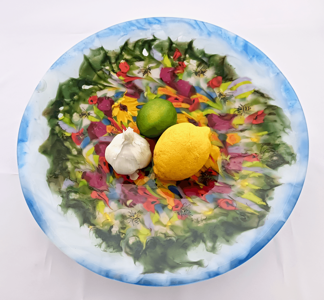 Abstract Naturalistic Fused Glass Platter Featuring Handmade Glass and Hand Painted Details - Bee Love  3 