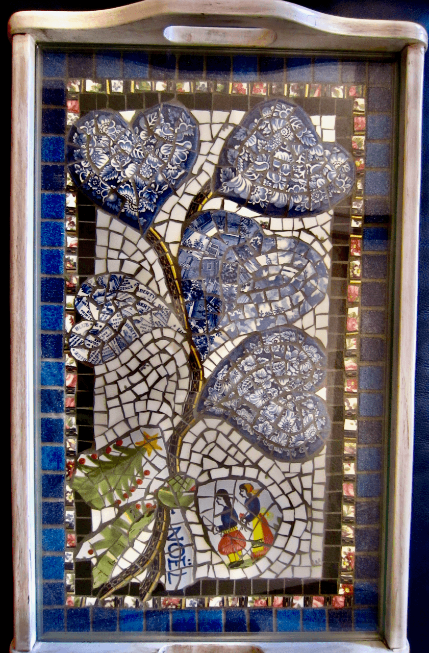Whimsical Art Glass and Stoneware Mosaic Serving Tray Featuring Quimper Faience -  Blue Hearts Bouquet