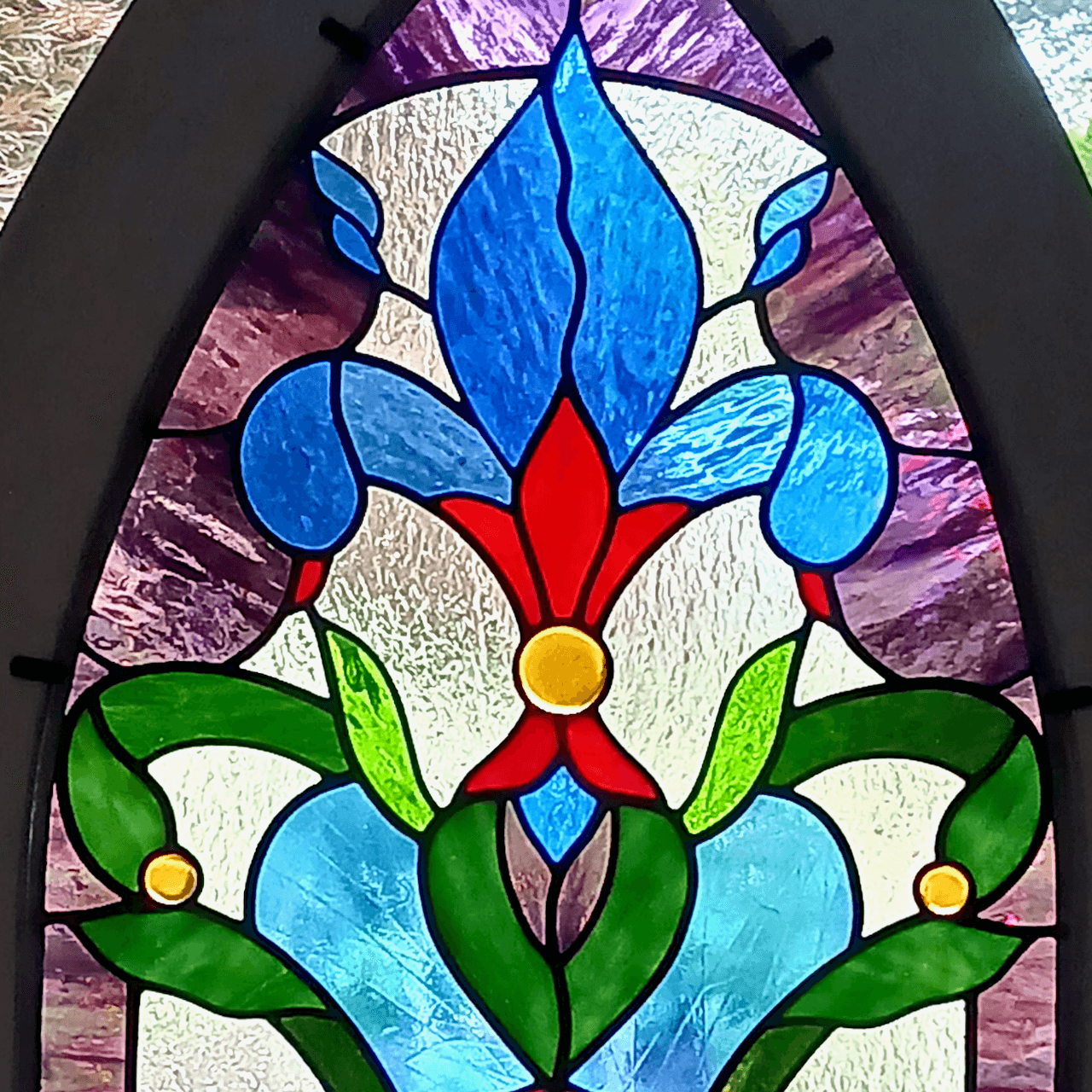 Victorian Stained Glass Dormer Window Featuring Handmade Glass Cabochons- Fleur de Lys 2