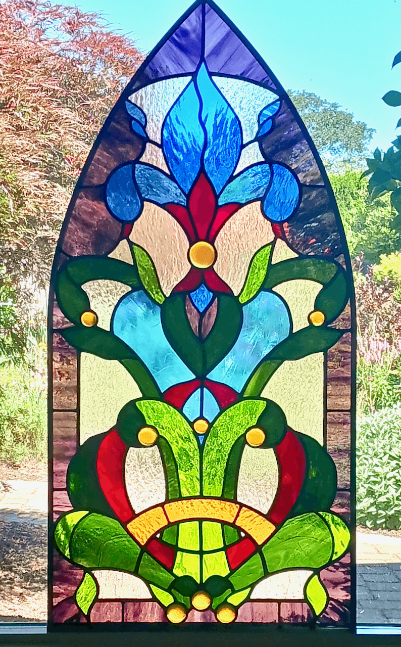 Victorian Stained Glass Dormer Window Featuring Handmade Glass Cabochons- Fleur de Lys 4