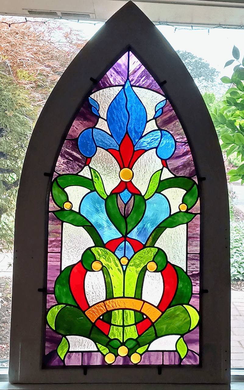 Victorian Stained Glass Dormer Window Featuring Handmade Glass Cabochons- Fleur de Lys 1