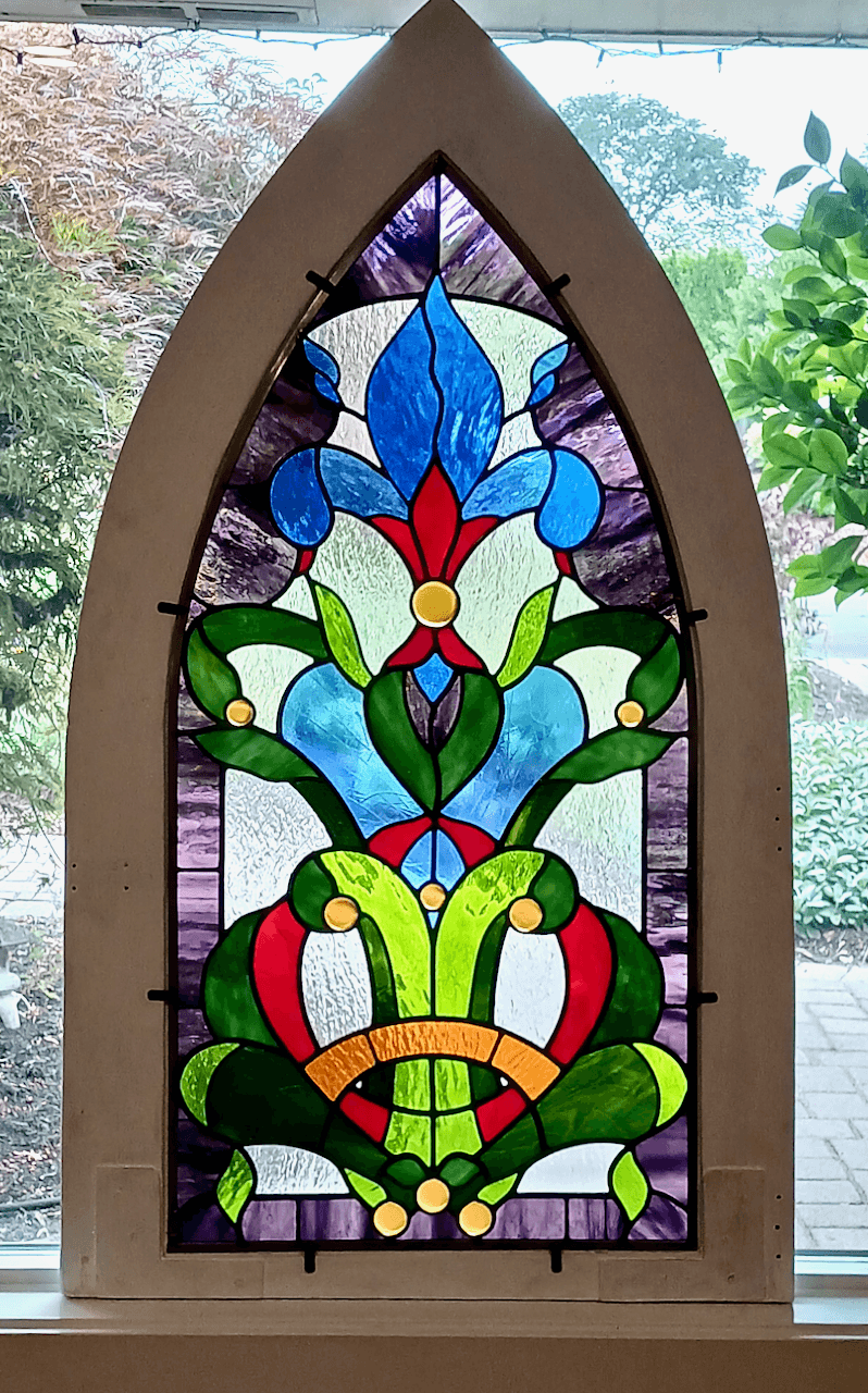 Victorian Stained Glass Dormer Window Featuring Handmade Glass Cabochons- Fleur de Lys 3