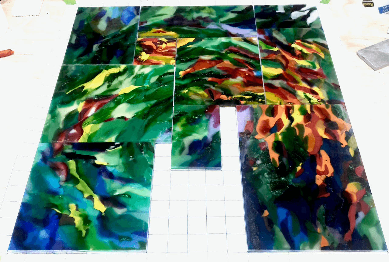 Abstract Fused Glass Kitchen Back Splash Featuring handmade Glass - The Fall Of Summer 3