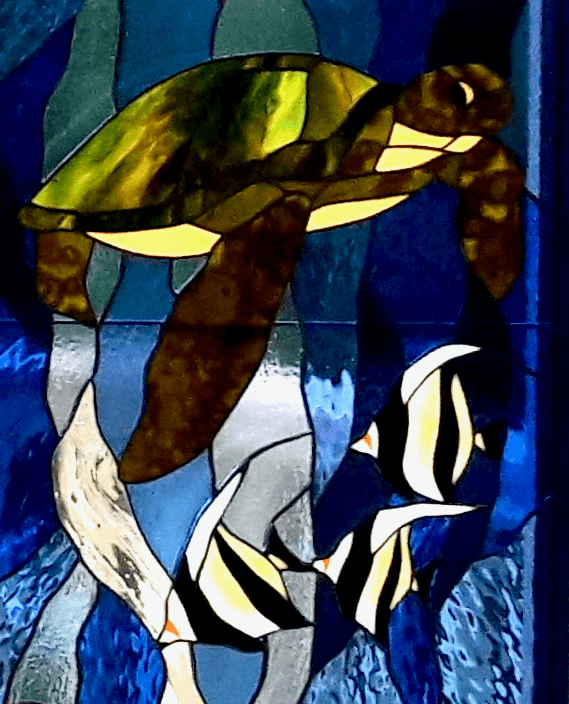 Tropical Stained Glass Privacy Bedroom Sidelight Windows with Fused Glass Elements (set of two) - Honu Serenade
