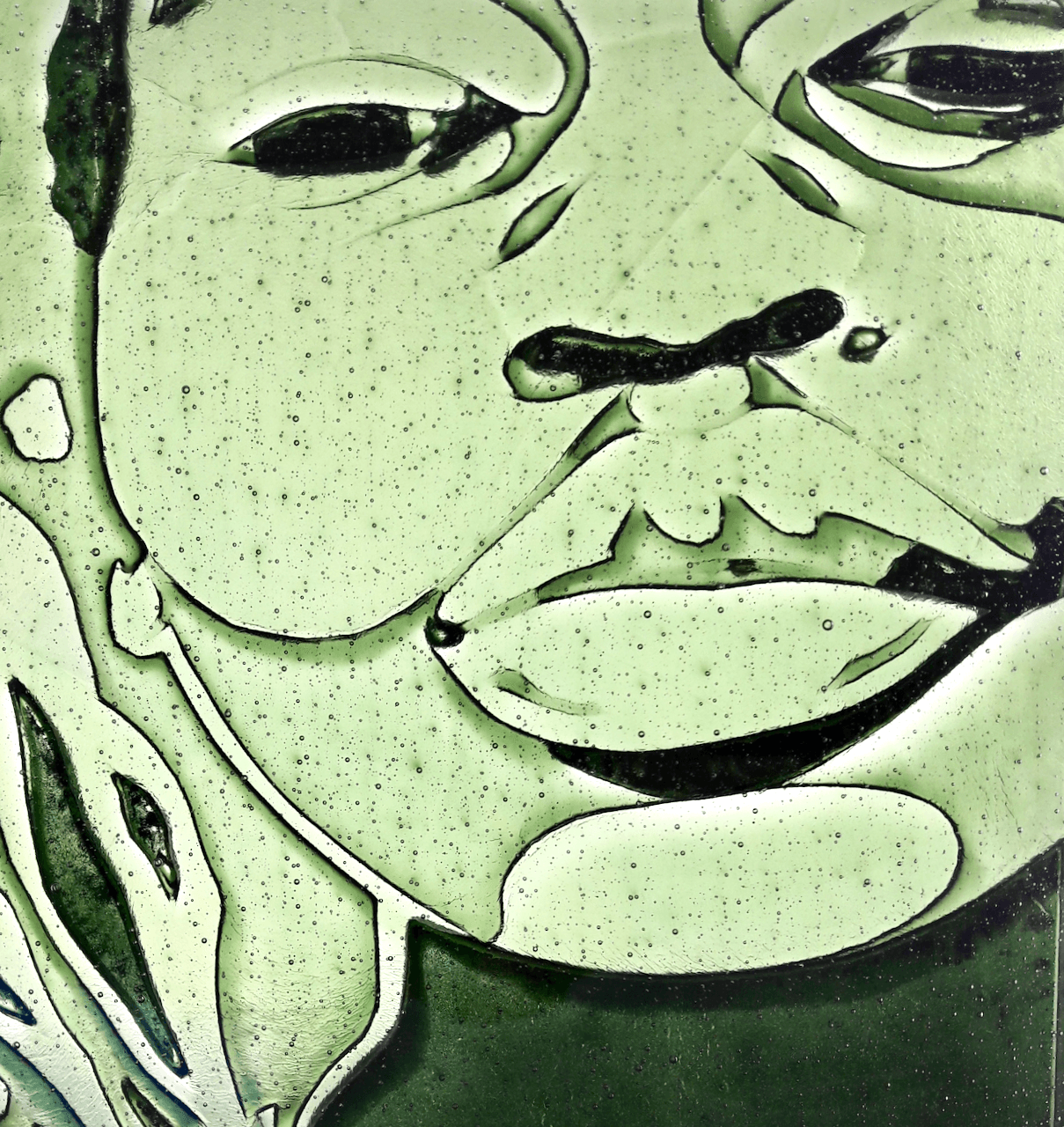 Modern Kiln Carved Fused Glass Portrait - La Femme Au Vert Olive 2 