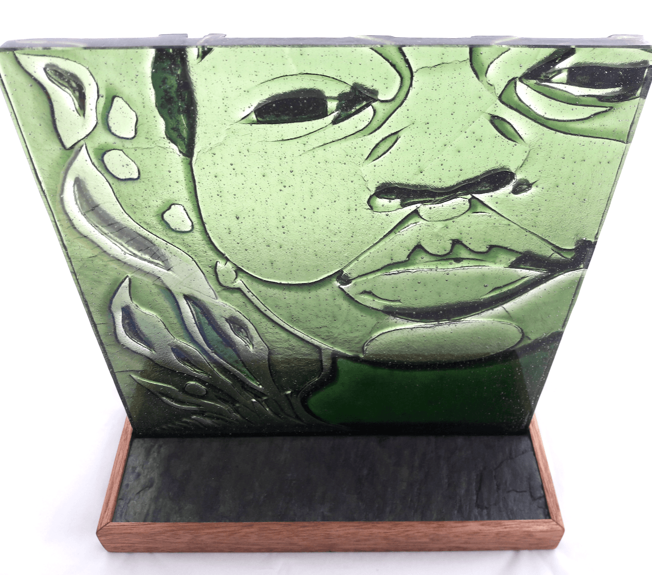 Modern Kiln Carved Fused Glass Portrait - La Femme Au Vert Olive 4 