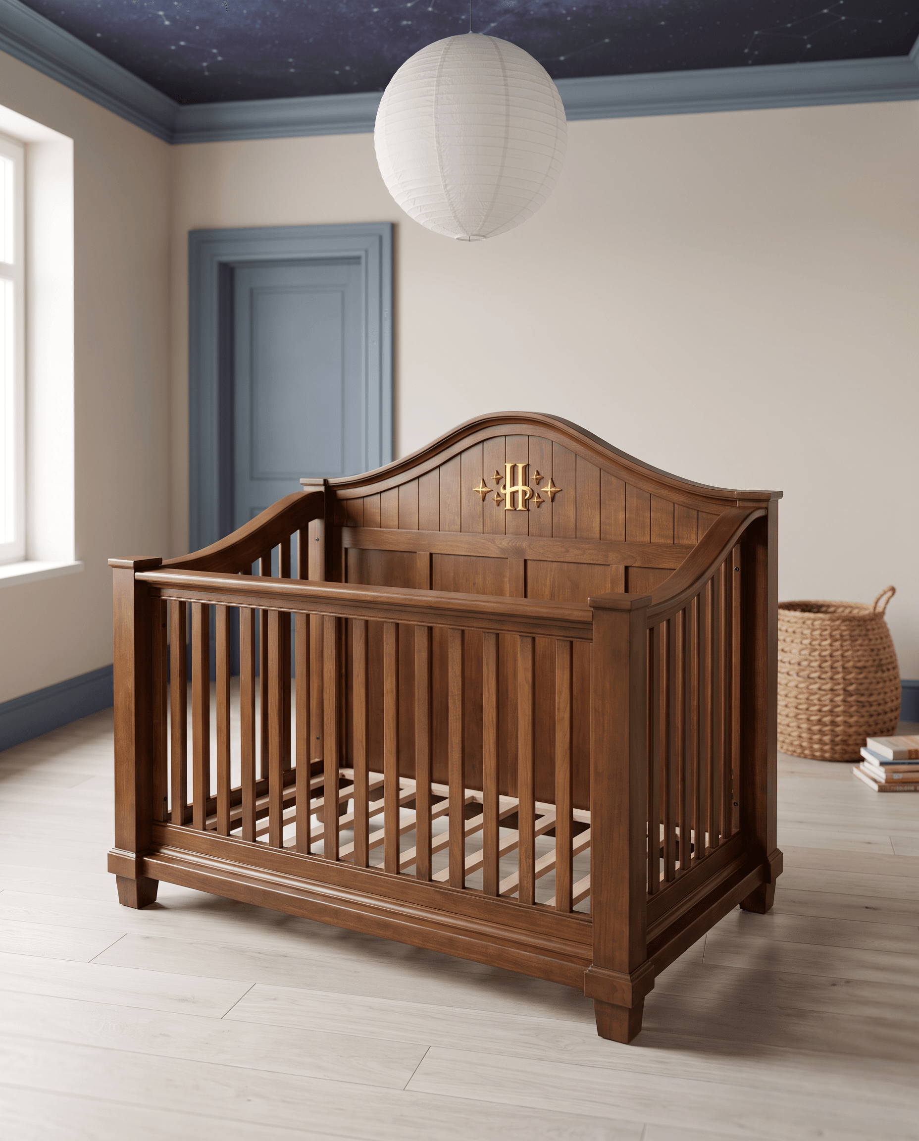 Visualisation: Doug McPherson’s finished crib shown in a rendered nursery setting. The room is generated and is not the customers’ home.