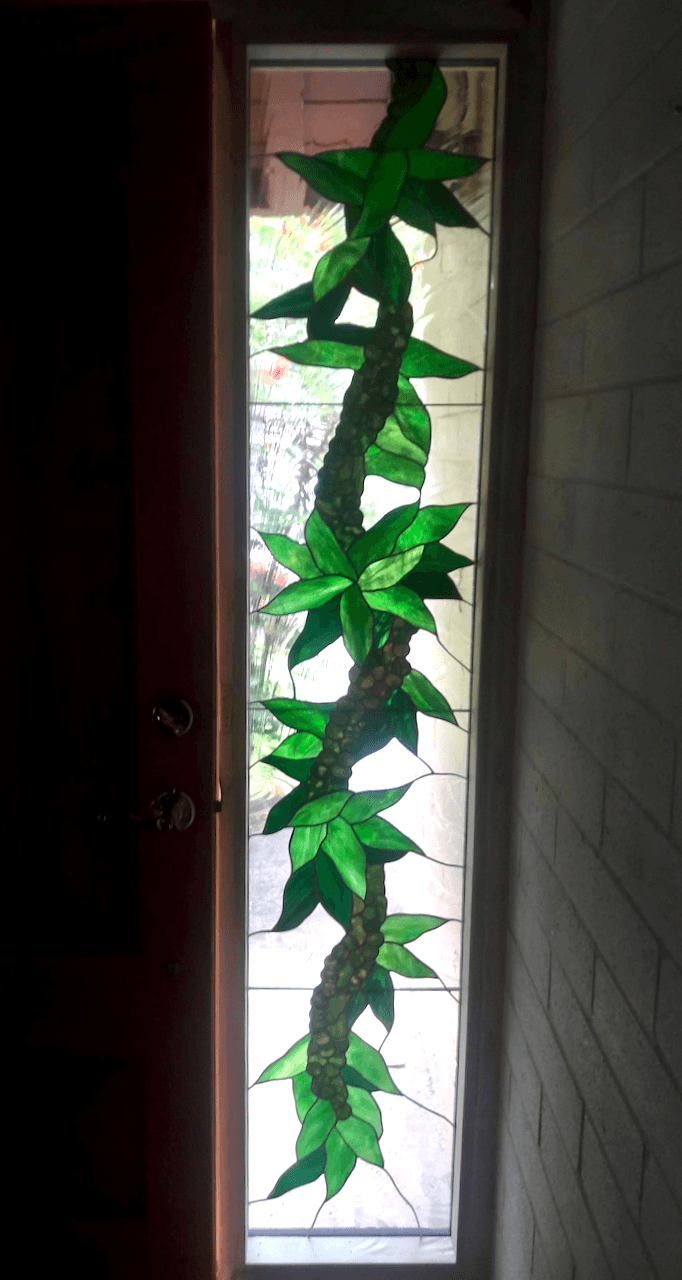 Botanical Stained Glass Entryway Sidelights And Transom Windows- Mokihana and Maile Lei 4 