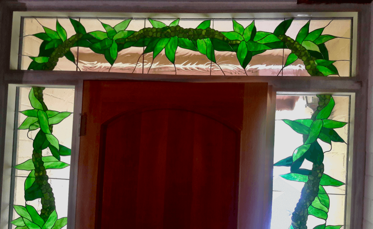 Botanical Stained Glass Entryway Sidelights And Transom Windows- Mokihana and Maile Lei 5 