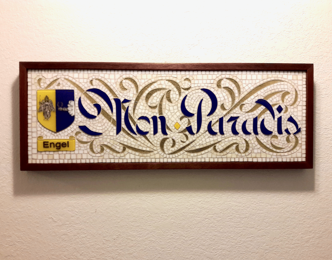 Baroque Art Glass Mosaic Housewarming Gift Featuring Fused Glass Heraldry and Lettering- Mon Paradis