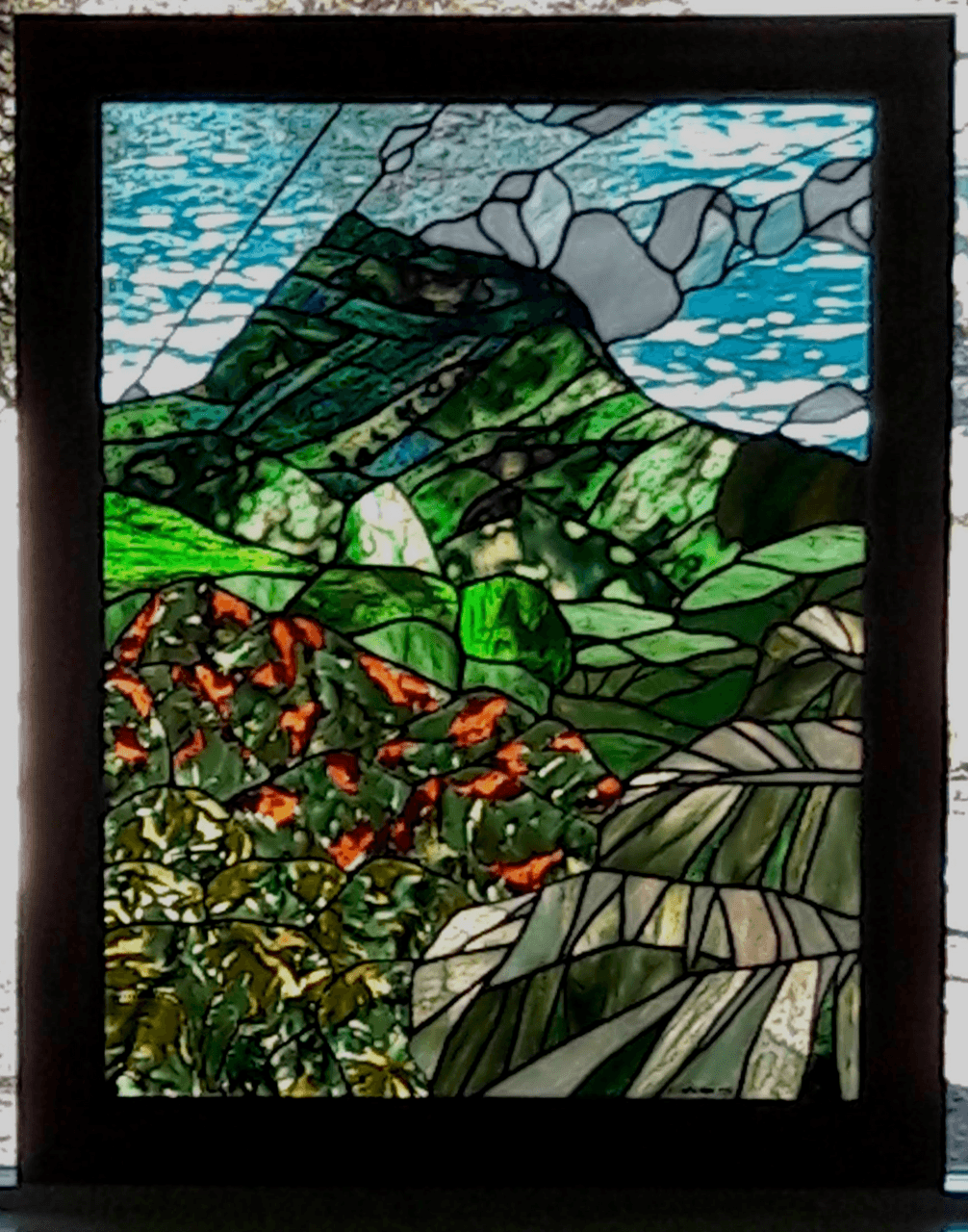Tropical Stained Glass Anniversary Gift Window Featuring Handmade Glass - Mount Olomana