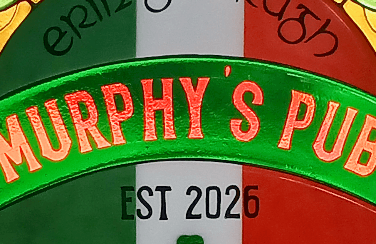 1960’s Inspired Fused Glass Irish Pub Window Featuring Kiln Carved Glass and Hand Painted Details – Murphy’s Pub 2