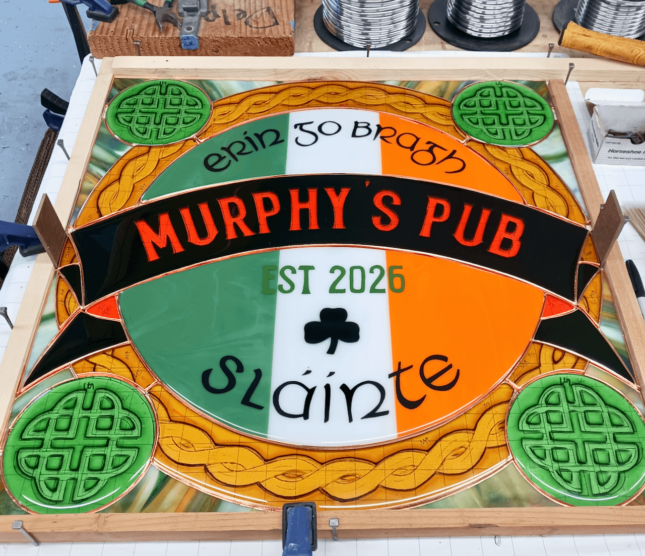 1960’s Inspired Fused Glass Irish Pub Window Featuring Kiln Carved Glass and Hand Painted Details – Murphy’s Pub 5