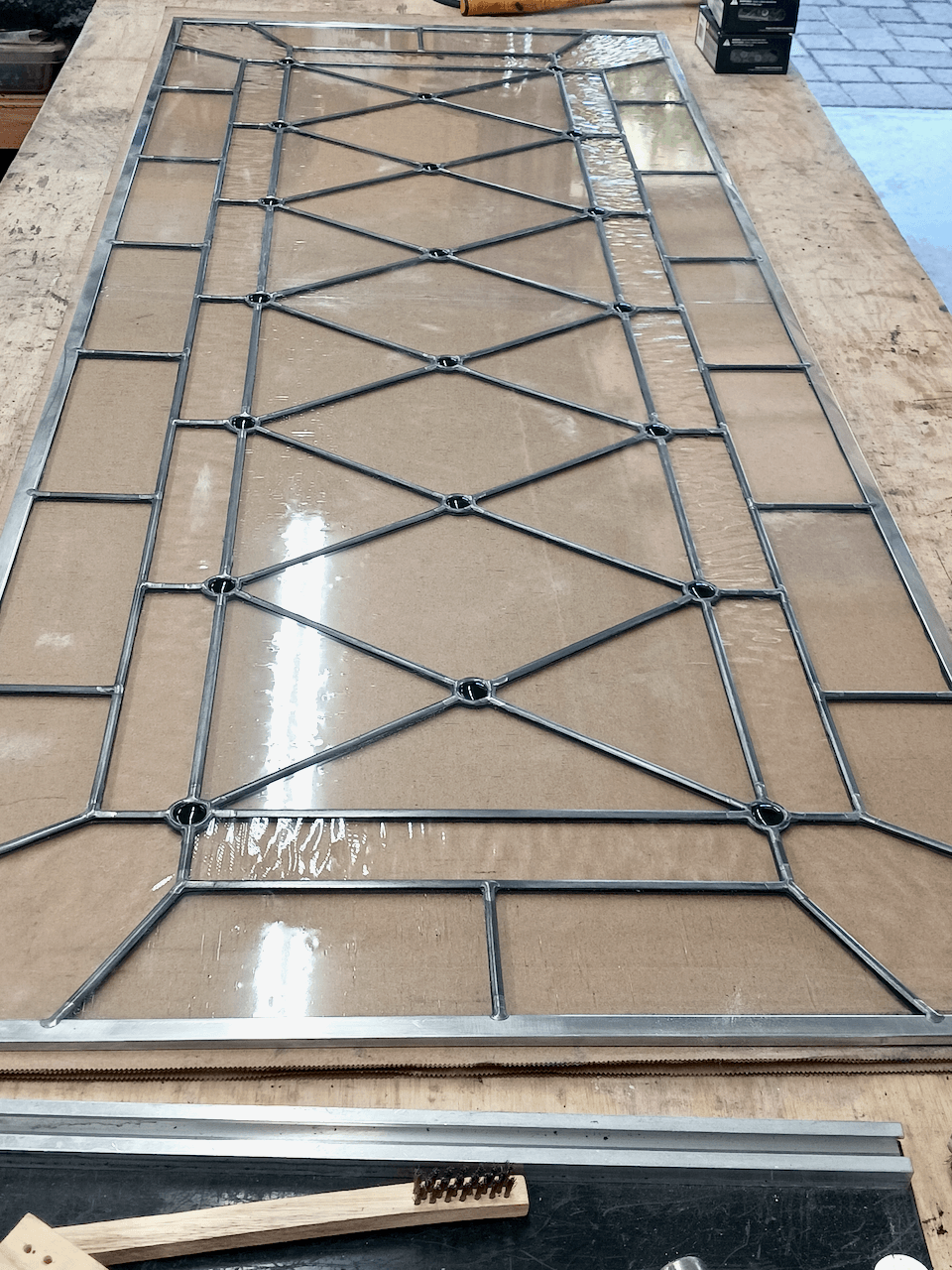 Traditional Geometric Stained Glass Sidelight Windows Featuring Handmade Cabochons (set of two windows) - Murphy’s Pub 2
