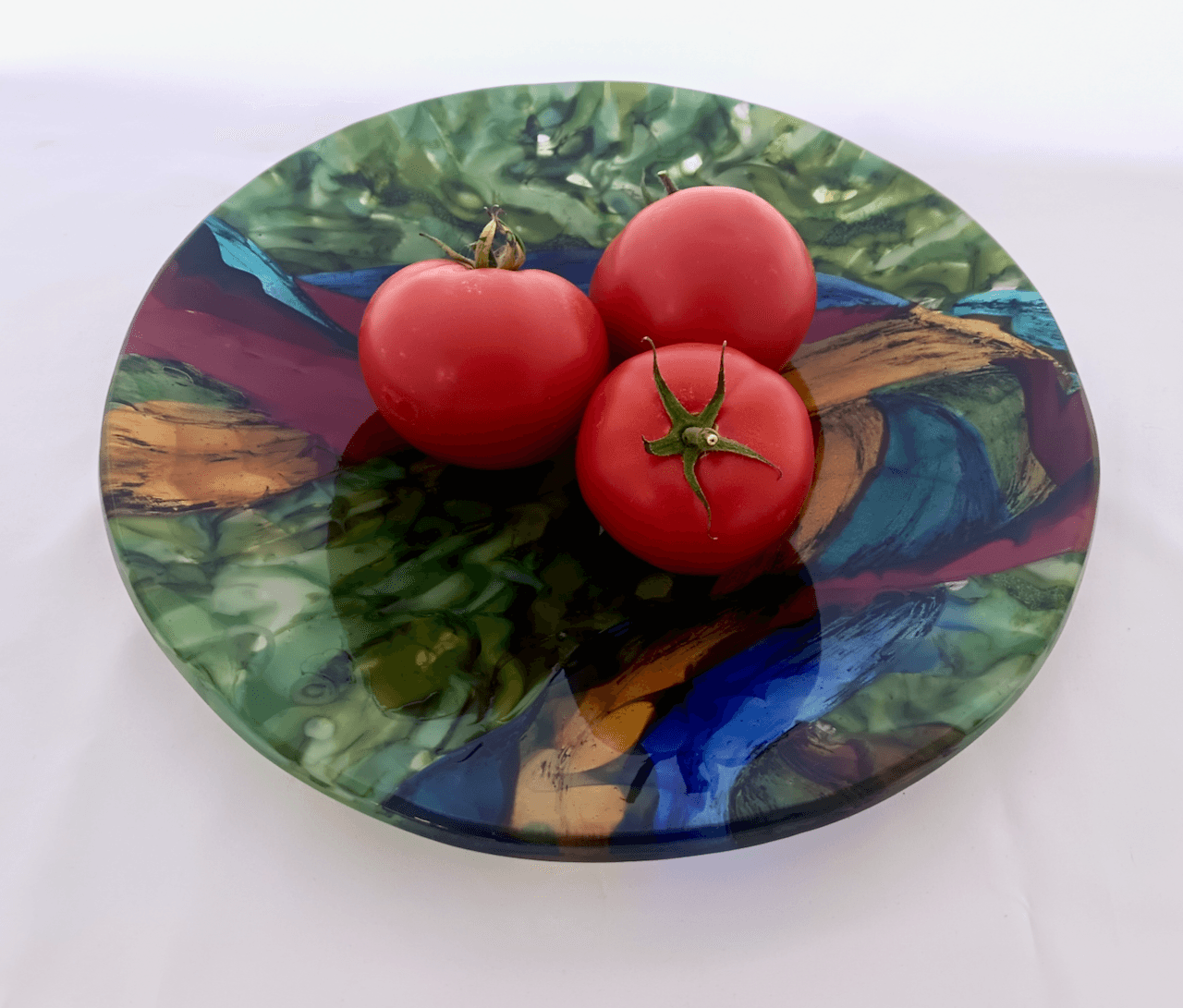 Abstract Naturalistic Fused Glass Platter Featuring Handmade Glass and Hand Painted Details - Rooster Tail  3 