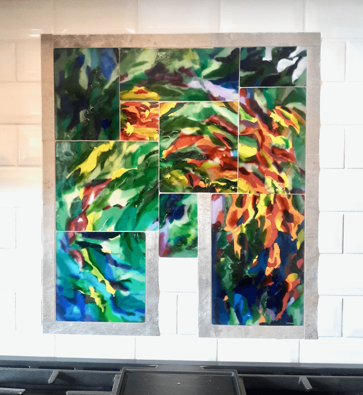 Abstract Fused Glass Kitchen Back Splash Featuring handmade Glass - The Fall Of Summer
