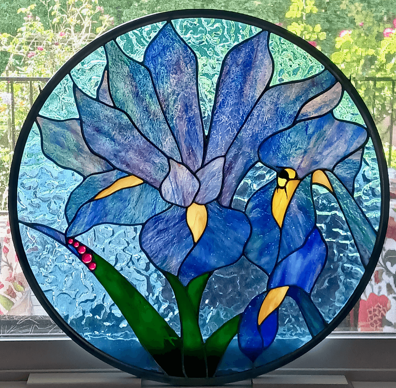 Botanical Abstract Stained Glass Panel Featuring Fused Glass Elements and Hand Painted Details - Zaffera 1