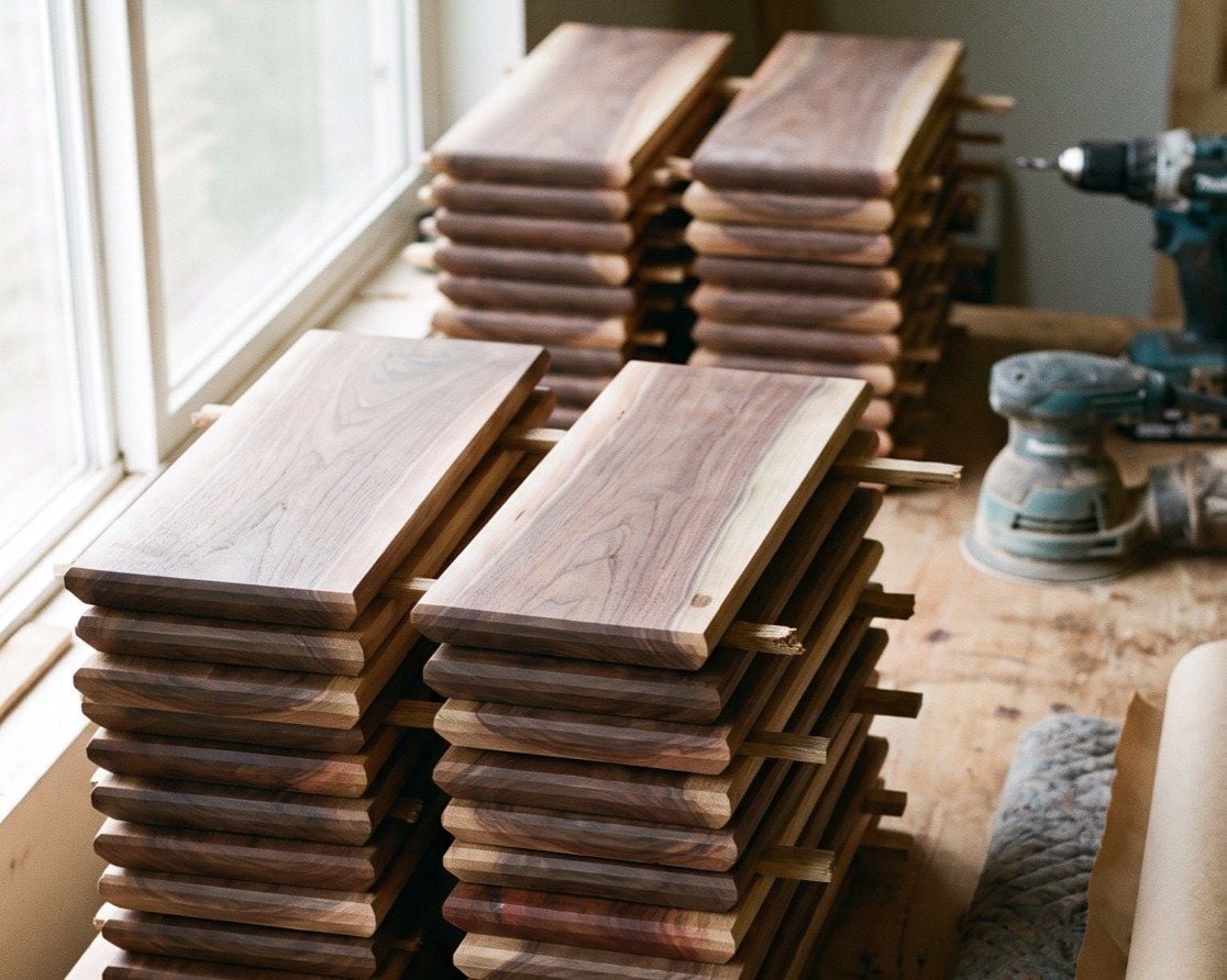 Stacks of walnut boards on a workshop bench, made as one batch
