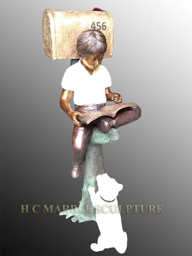 Mailbox, of Boy W/ Dog Custom Colors Bronze Statue