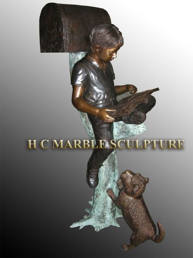 Mailbox Boy w Dog Bronze  Statue | Life Size Bronzes - Custom Bronze Statues & Sculptures - Lost Wax Casting