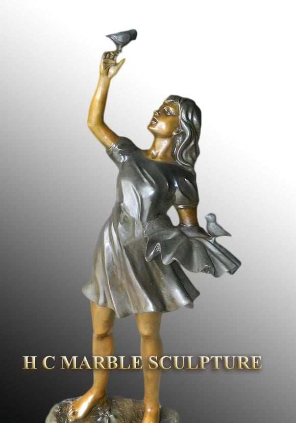 Bronze Statue of Girl Playing with Birds / Life Size Bronzes - Custom Bronze Statues & Sculptures - Lost Wax Casting