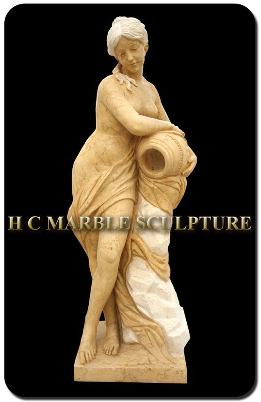 Woman Standing Holding Jug Flowing Water, Marble Fountain