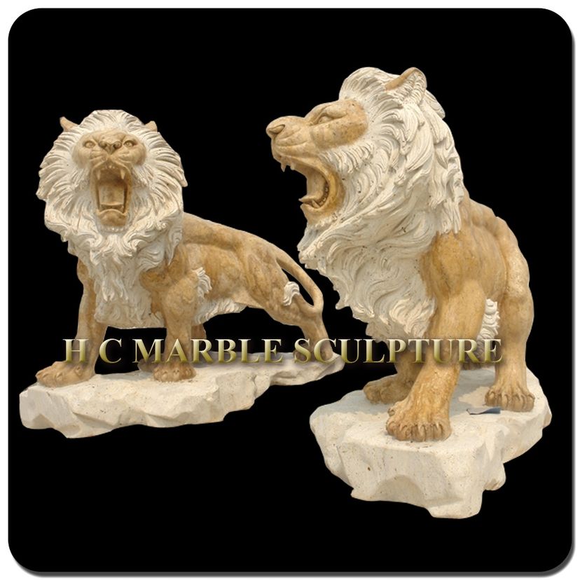 Pair Marble Lions On Base