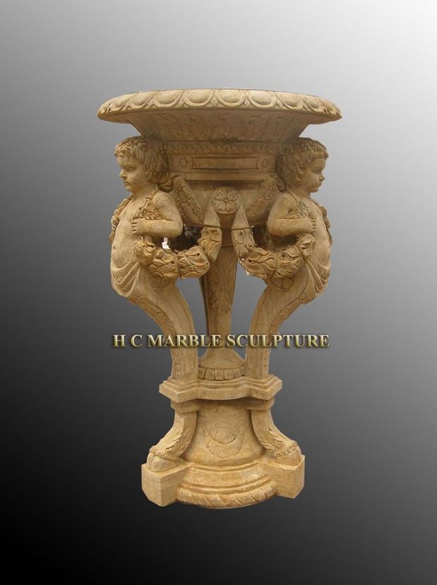 Antique Stone Planters With Cherub Carving