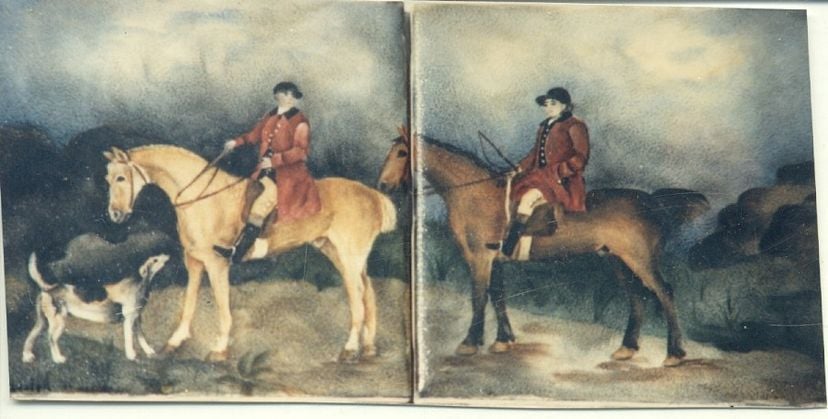 Hand Painted 8x8, 58 Piece Tile Mural With A Hunt Scene.