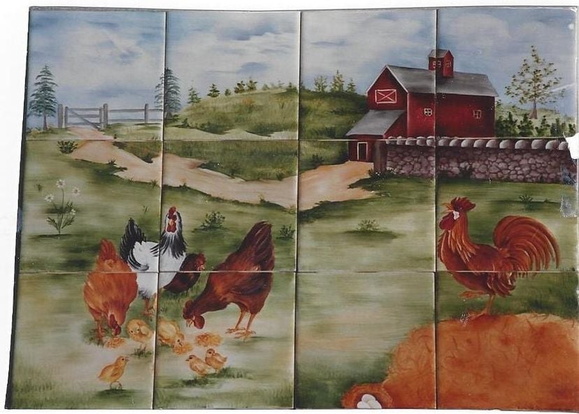 Farm Mural With Chickens And Rooster.