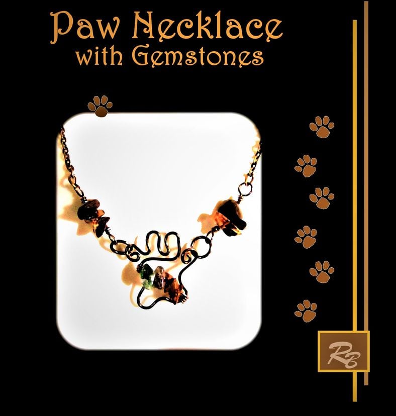Paw Print, Necklace, Jewelry, Pet Lovers, Pet Memorial, Hand Create With Gemstones