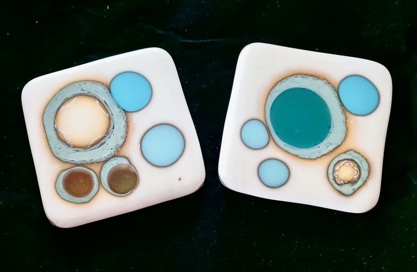 Modern Fused Glass Coasters Featuring Silver Fuming Set of 2 - Seeds Of Conversation