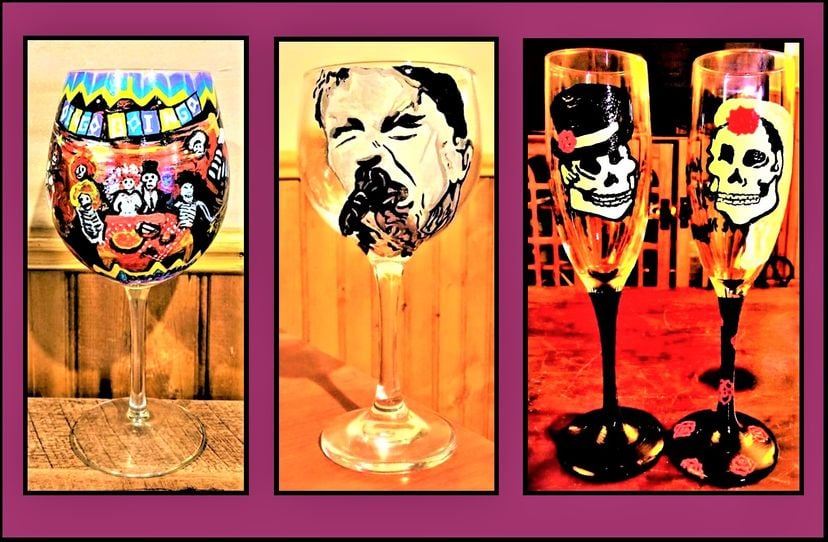 Painted Wine Glass, Champagne Glass, Wine Bottle, Wine Art, Kitchen Art, Olive Oil Bottle