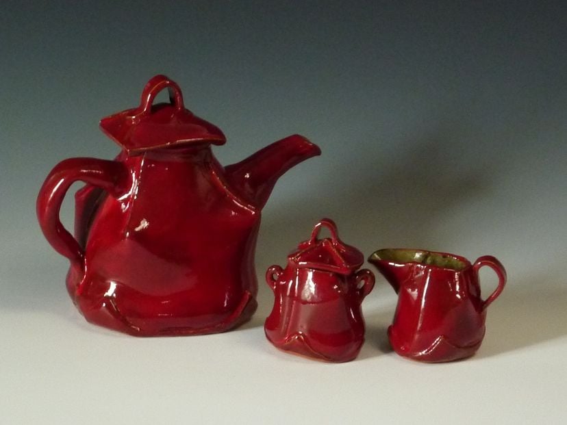 Red Tea Pot With Creamer And Sugar