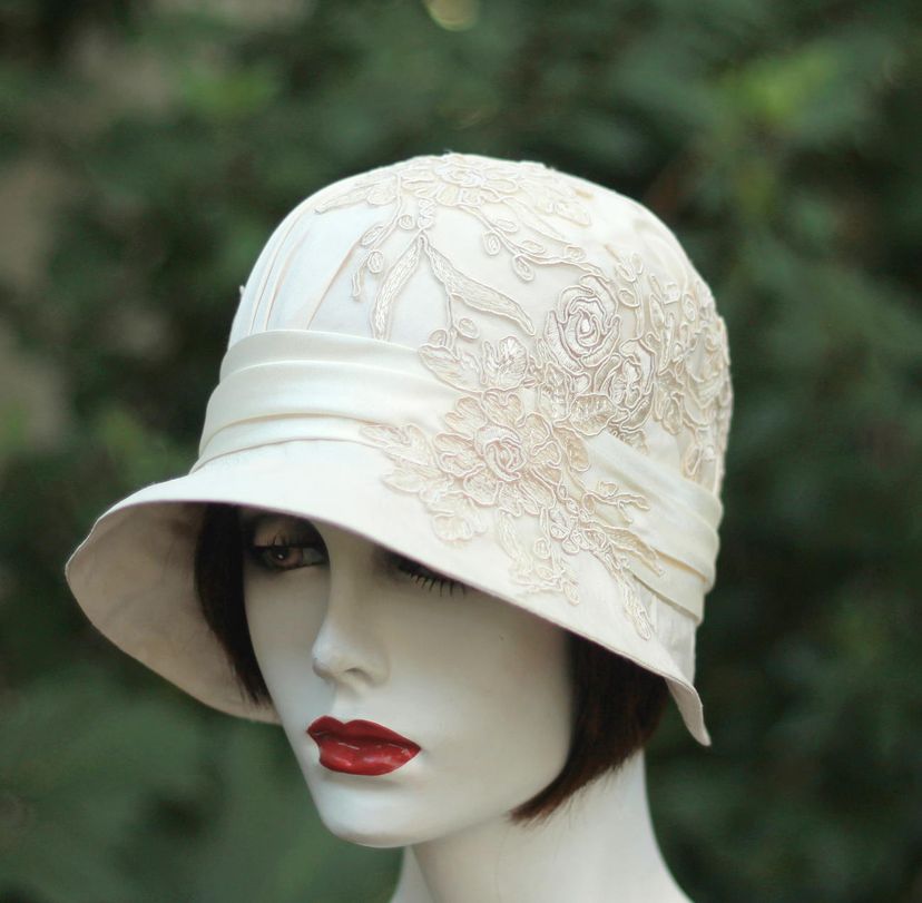 White Cloche Hat, Polar Pure Made In Italy Classic 20s Flapper Florals White Cloche Hat, Polar Pure Made In Italy Classic 20s  main image 3