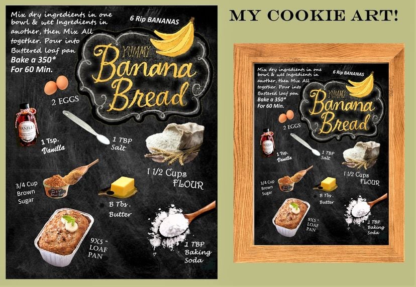 Banana Bread Recipe Art, Recipe Art, Kitchen Art, Black Board Recipes, Kitchen Décor, Chef Gift