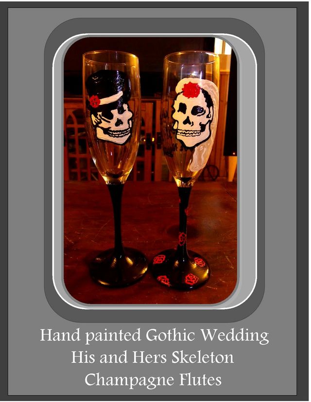 Gothic, Wedding Champagne Flutes, Custom Painted Wedding Glasses, Bride Groom Champagne Glasses