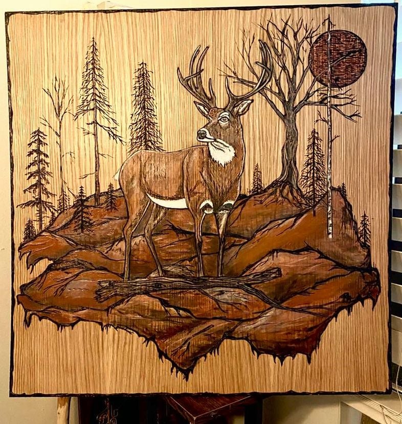 Hunting Cabin, Deer painting, Deer Art, Decor, Art, Wolf Art, Wolf Painting, Wildlife, Art, Mixed Media, Wood Burned, Painted, Hunter Gift