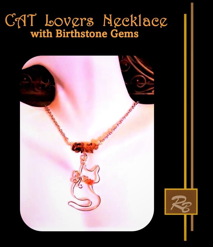 Cat Necklace, Cat Jewelry, Cats, Gifts, Cat Lover, Birthstone Necklace