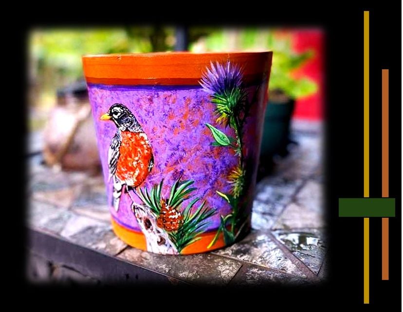 Painted Flower Pot, Bird, Custom, Hand Painted, Flower Pot, Pottery, Eight Anniversary, 8th,
