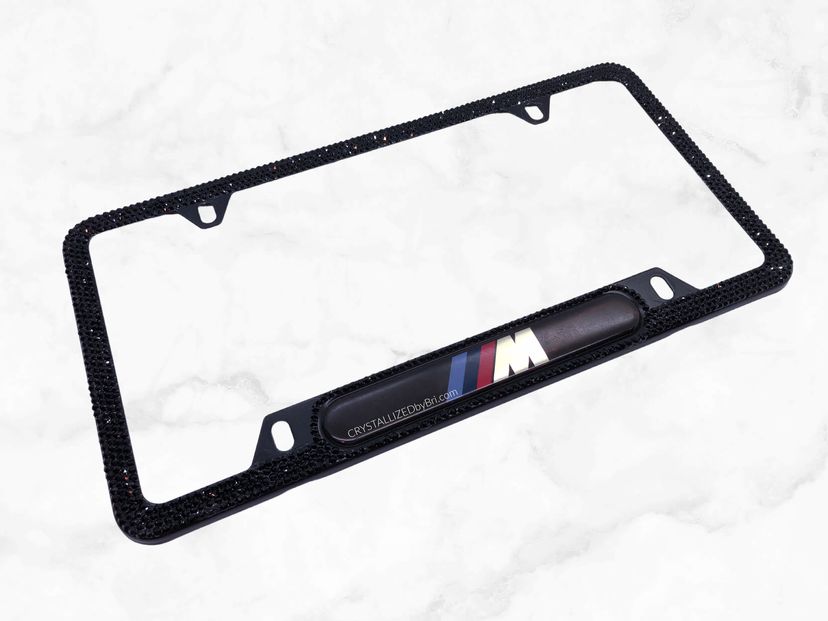 Bmw License Frame European Crystals M Power Crystallized Bling Slim Plate Jet Black Bedazzled
