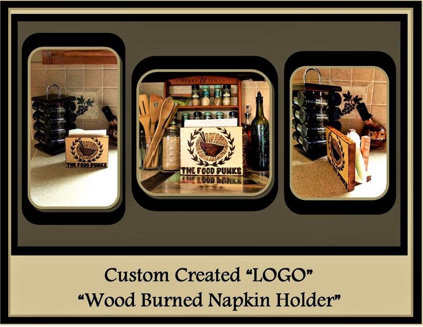 Custom Napkin Holder, Hand Created With Wood Burned Images And Words