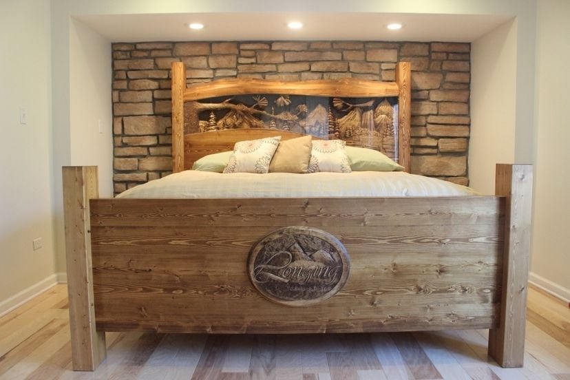 King Size Headboard & Footboard, Waterfall & Pine Forest Scene, Hand Carved By Jeremy & Scott