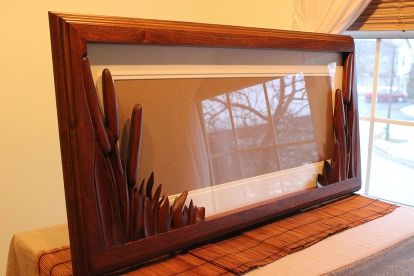 Fine Art Frame With Cat Tail / Pond Scene, Hand Carved By  Jeremy & Scott, Lazy River Studio