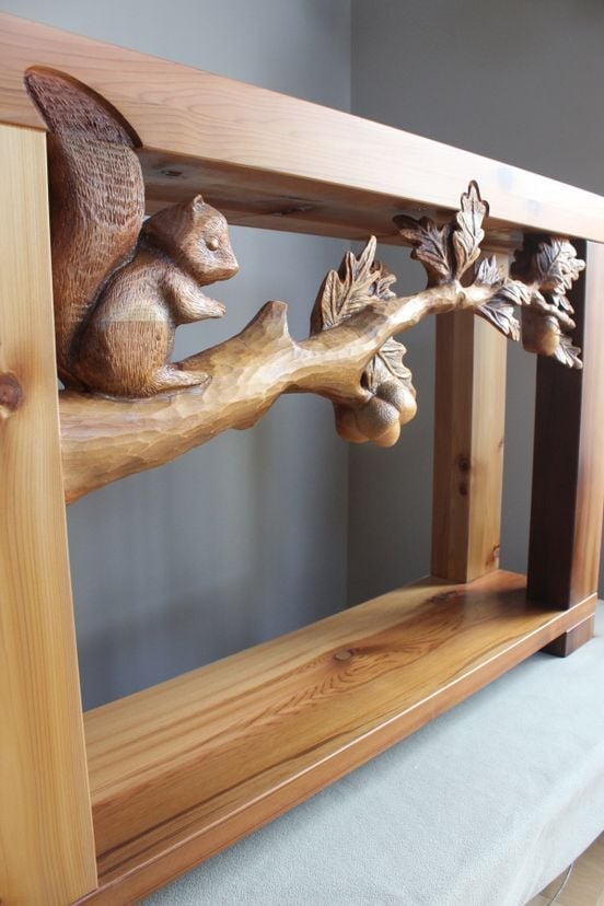 Hand Carved Furniture, Custom Sofa Tables, Wood Carving By Lazy River Studio