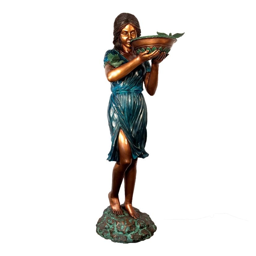Bronze Garden Fountain, Girl Holding A Bowl With 2 Birds