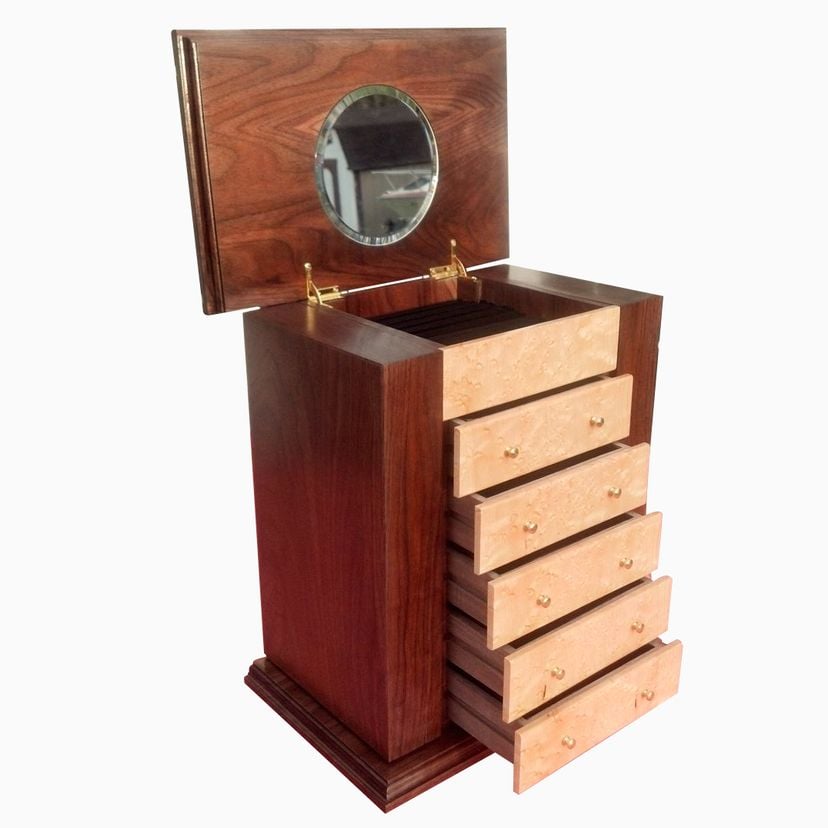 5 Drawer Wooden Jewelry Box With Birds Eye Maple