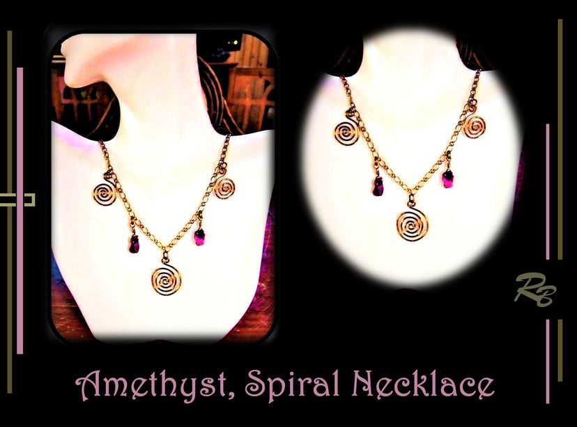 Wife Gift, Girlfriend Gift, Mother Gift Necklace, Amethyst, Copper, Sacred Spirals,